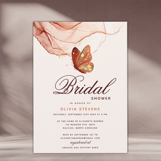 Convites Moderno Terracotta Dourado Chá de panela de Borbol (terracotta gold butterfly bridal veil shower invitation elegant calligraphy modern classic formal)