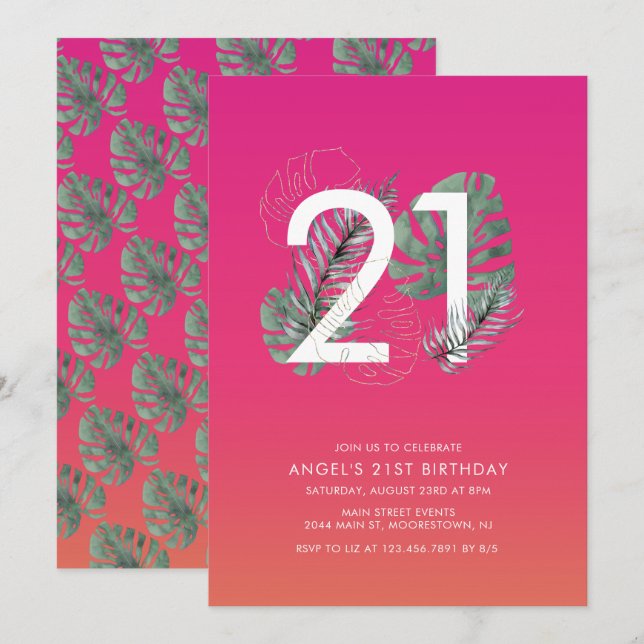Convites Moderno tropical Fuchsia aniversário de 21 anos (Frente/Verso)