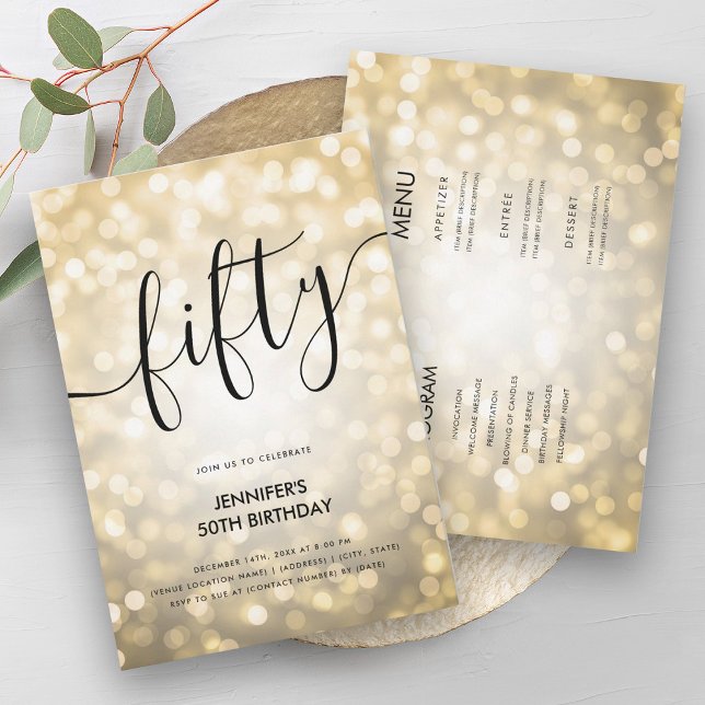 Convites Moderno Tudo Em Uma Luz Dourada De Brilho 50 Anive (Modern All In One Gold Glitter Lights 50 Birthday Invitation)