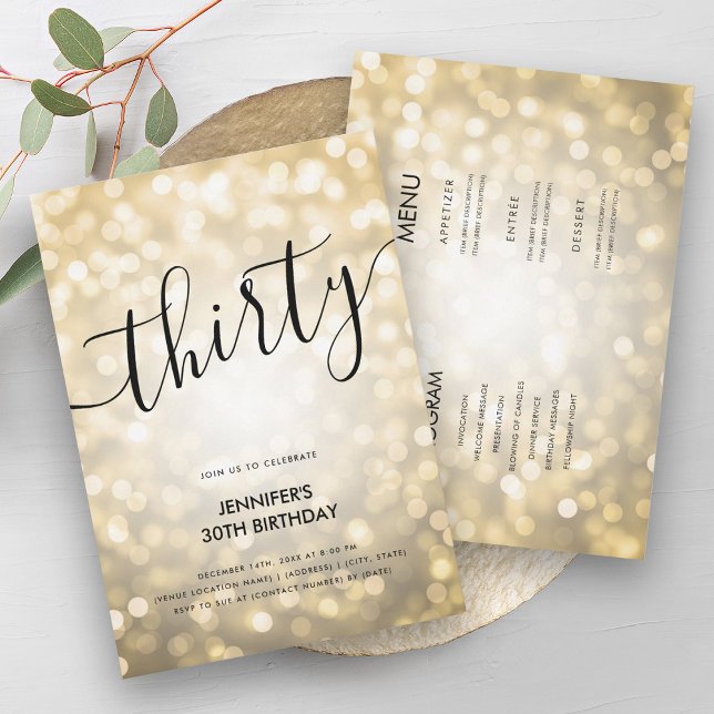 Convites Moderno Tudo Em Uma Luz Dourada Leve 30 Aniversári (Modern All In One Gold Glitter Lights 30 Birthday Invitation)