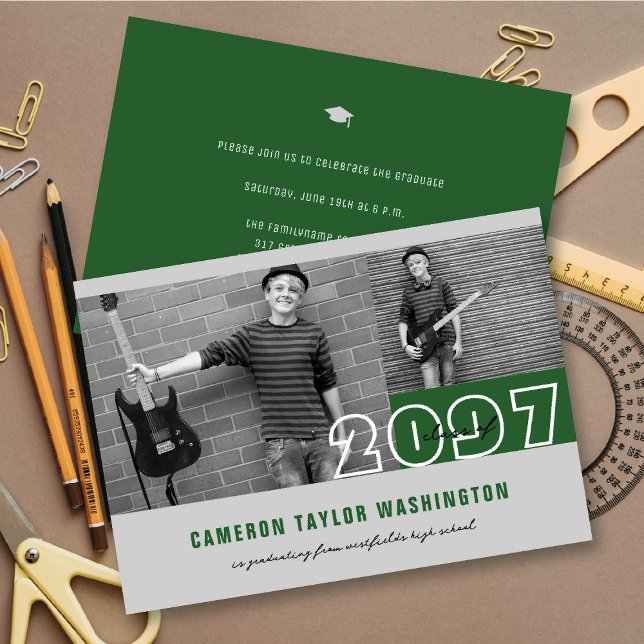 Convites Moderno Verde 2 Bloco de Fotos Simples Festa de Fo (Modern Green 2 Photo Blocks Simple Graduation Announcement & Party Invitation @ fatfatin)