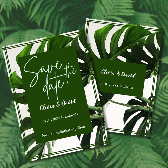 Convites Moderno Verde e Branco Tropical Salve a Data (Criador carregado)