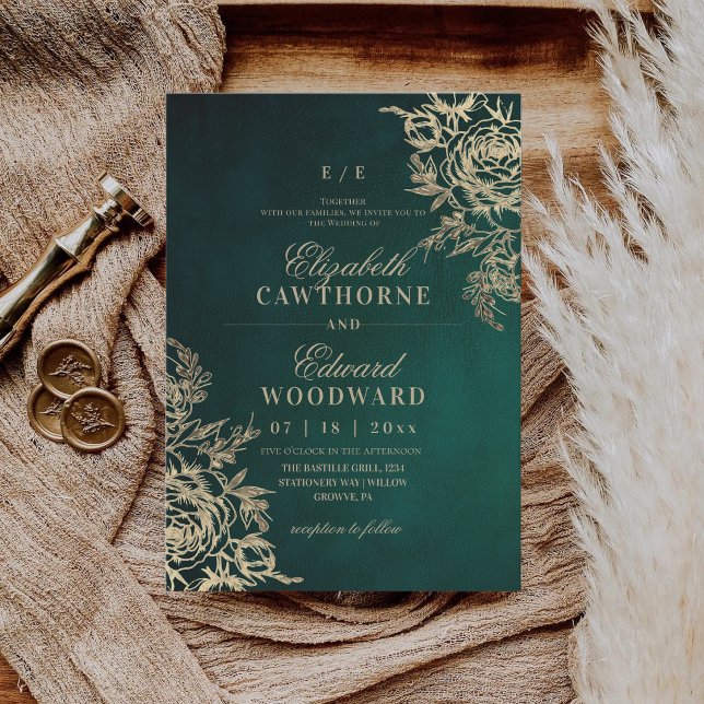 Convites Moderno Verde e Dourado ⎮ Casamento Elegante Rosa (Criador carregado)