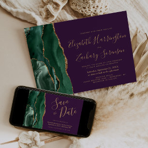 Convites Moderno Verde Esmeralda Ouro Ágata Roxo Casamento