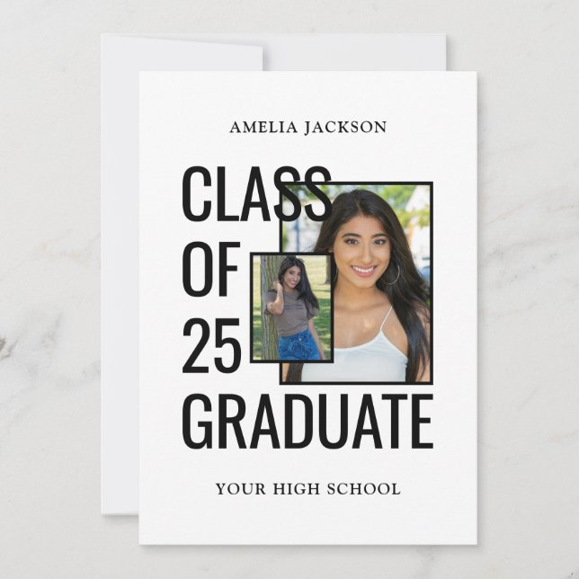 Convites Moderno White 2 Fotos Classe De 25 Formando Aberta (Frente)