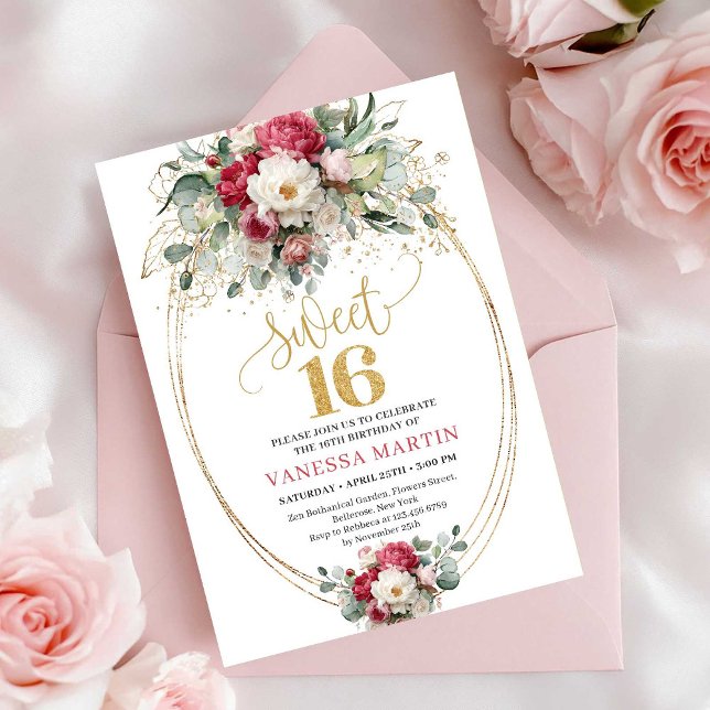 Convites Modernos Florais Brancos Borgonha para Sw (Modern Burgundy White Floral Sweet Sixteen Invitation)