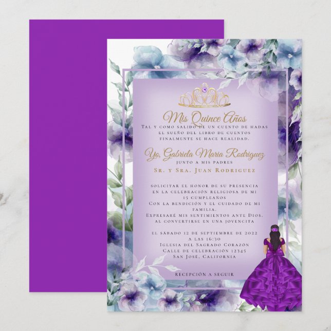 Convites Modernos Flores Roxas Quinceañera  (Frente/Verso)