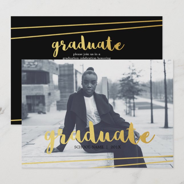 Convites modernos para Formandos preto, Dourado e  (Frente/Verso)