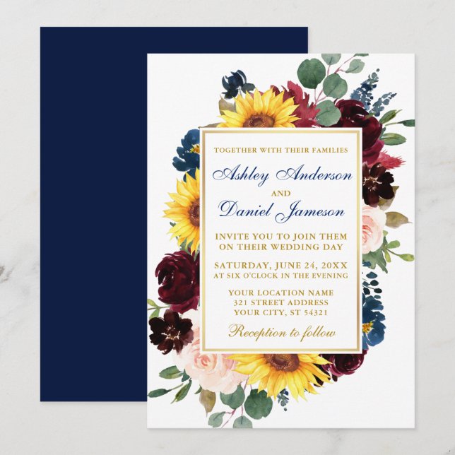 Convites Mola Floral Misturada Casamento Azul Dourado (Frente/Verso)
