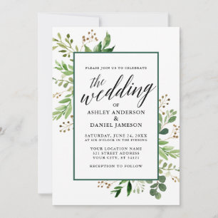 Convites Moldado de Casamento Verde Botânico de Aquarela