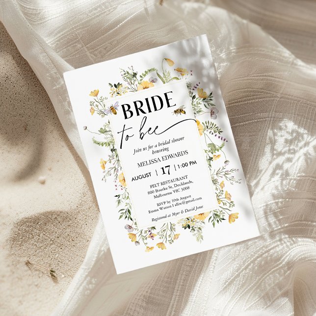 Convites Moldura Amarelo De Flor Selvagem Que Quer Ser Chá  (Bee Bridal Shower Invitation, Meant to Bee Bridal Shower Invite, Wildflowers Bees, Bee Themed Bridal)