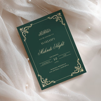 Convites Moldura Antiga Dourada Esmeralda Verde Mehndi Nigh