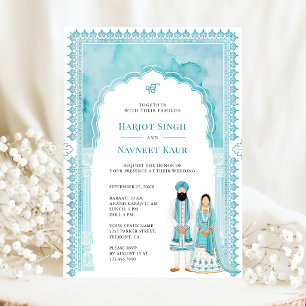 Convites Moldura Arqueada em Aquarela Azul Claro Casamento
