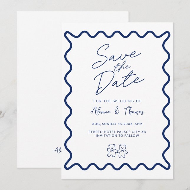 Convites Moldura azul elegante com desenho Save the date (Frente/Verso)