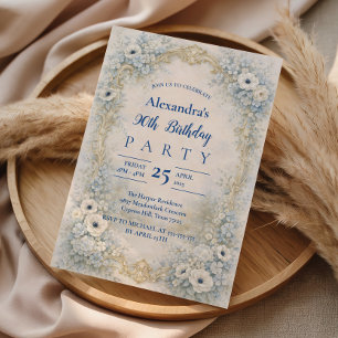 Convites Moldura Barroca Floral Azul para Aniversário de 90