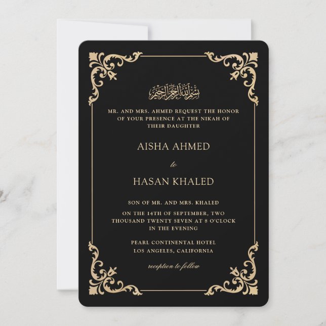 Convites Moldura Barroca Ornata Dourado Cerimônia de Nikah  (Frente)