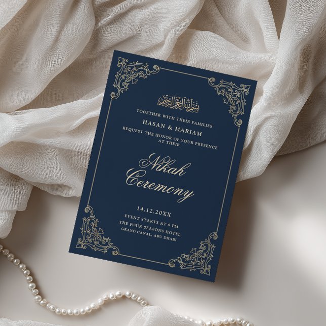 Convites Moldura Barroca Vintage Cerimônia Nikah Azul-Marin (Criador carregado)