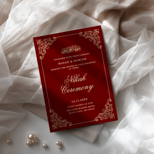Convites Moldura Barroca Vintage Cerimônia Nikah Vermelho B (Criador carregado)