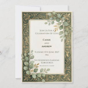 Convites Moldura Botânica de Ouro Esmeralda Casamento