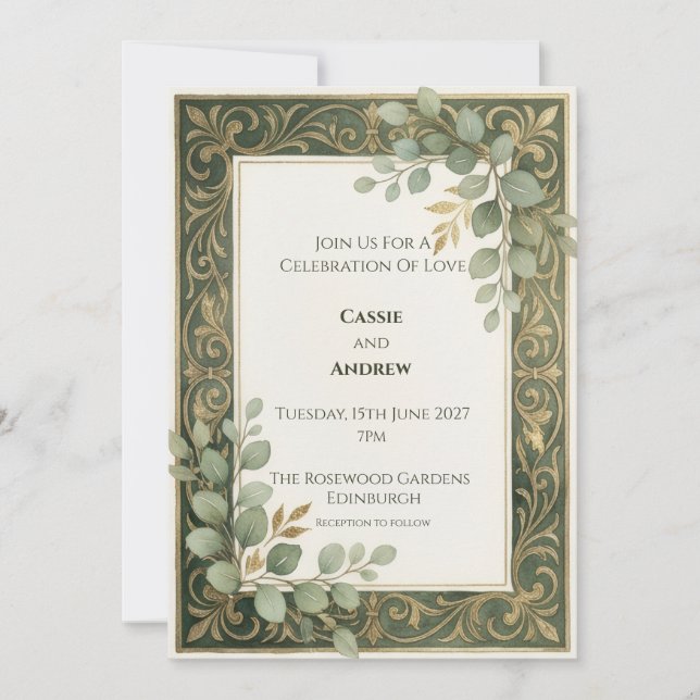 Convites Moldura Botânica de Ouro Esmeralda Casamento (Frente)