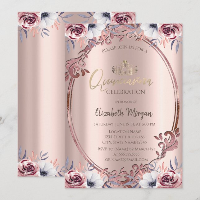 Convites Moldura Chic Boho Flores Quinceañera (Frente/Verso)