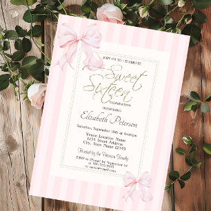 Convites Moldura Chic Laço Rosa Listrado Sweet 16