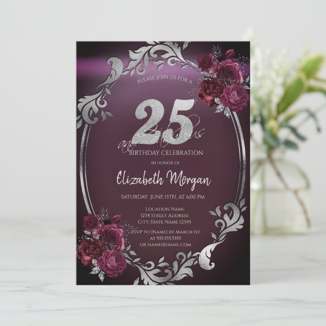 Convites Moldura Chic Prata Rosas Bordeaux 25º Aniversário (Em pé/Frente)