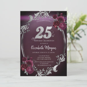 Convites Moldura Chic Prata Rosas Bordeaux 25º Aniversário