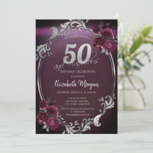 Convites Moldura Chic Prata Rosas Bordeaux 50º Aniversário