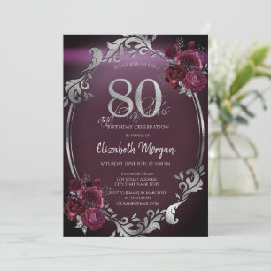 Convites Moldura Chic Prata Rosas Bordeaux 80º Aniversário
