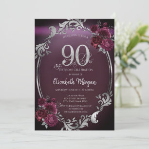 Convites Moldura Chic Prata Rosas Bordeaux 90º Aniversário