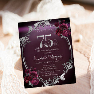 Convites Moldura Chic Prata Rosas Bordeaux Aniversário de 7