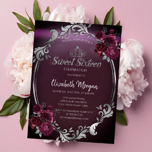 Convites Moldura Chic Prata Rosas Bordeaux Doze Anos