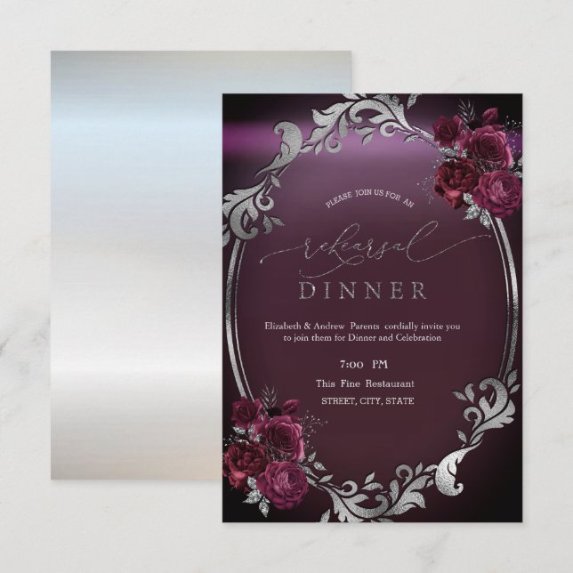 Convites Moldura Chic Prata Rosas Bordeaux Jantar de Ensaio (Frente/Verso)
