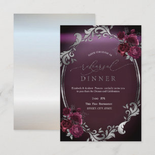 Convites Moldura Chic Prata Rosas Bordeaux Jantar de Ensaio