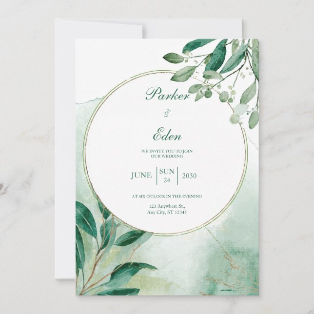 Convites Moldura Circular em Aquarela Boho Verde Salvia (Frente)