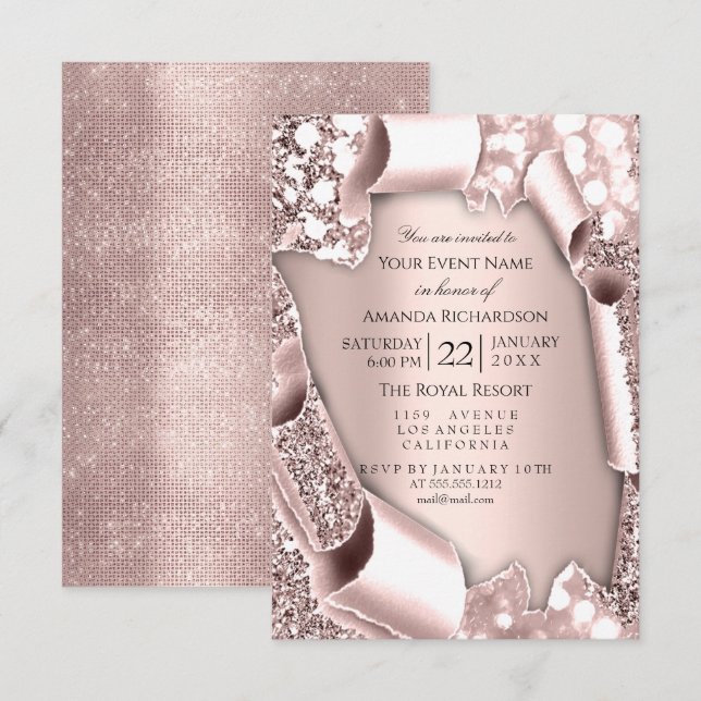 Convites Moldura com Efeito de Brilho 3D Rosa Rosa Casament (Frente/Verso)