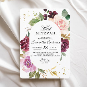 Convites Moldura com Flores Aquareladas Burgundy Rústica e 