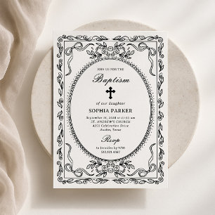 Convites Moldura Coquete Preto e Branco Caprichosa Batism