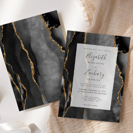 Convites Moldura de Ágata Moderna Preta Casamento Dourado