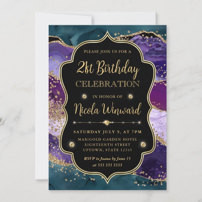 Convites Moldura de Aniversário com Brilho Teal, Roxo e Dou (Frente)