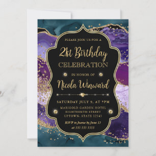 Convites Moldura de Aniversário com Brilho Teal, Roxo e Dou