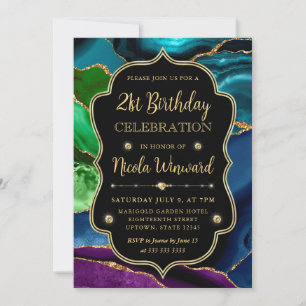 Convites Moldura de aniversário de Ágata Brilhante Azul-Ver