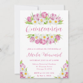 Convites Moldura de Aquarela Tulipas e Narcisos Quinceanera