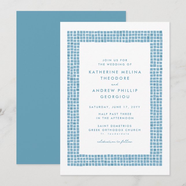 Convites Moldura de azulejo simples casamento grego azul de (Frente/Verso)