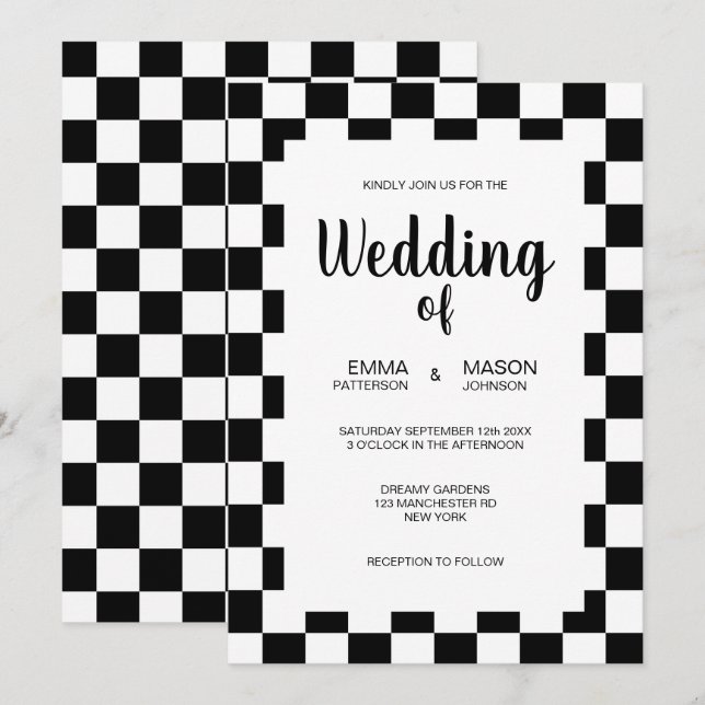 Convites Moldura de Azulejos Clássicos Preto e Branco (Frente/Verso)