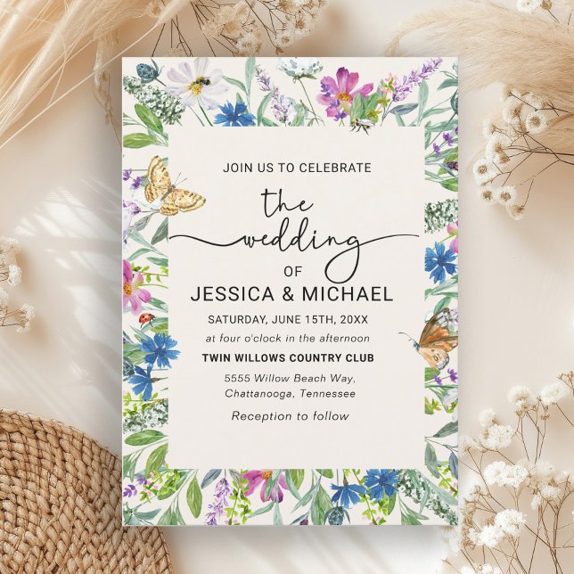 Convites Moldura de Borboletas de Flores Silvestres Manuscr (Wildflowers and butterflies wedding invitation)