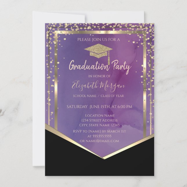 Convites Moldura de Capelo de Gradução Dourado Aquarela Vio (Frente)