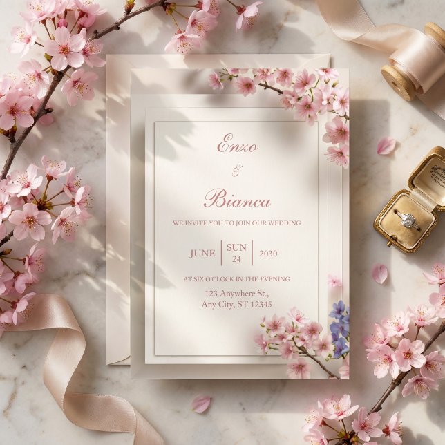 Convites Moldura de Casamento Botânica Sakura Rosa Creme Te (Criador carregado)