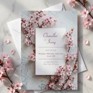 Convites Moldura de Casamento Botânica Sakura Rosa Mármore